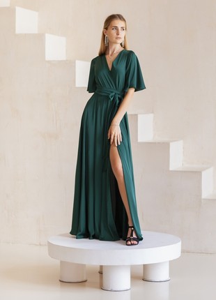 Evening dress in emerald silk with short sleeves3 photo
