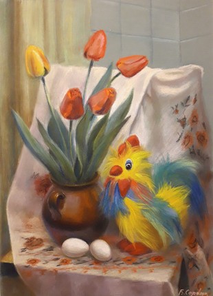 Pastel painting Still Life with Rooster and Tulips Serdyuk Boris Petrovich nSerb83