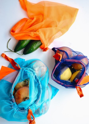 Reusable  tote mesh Bags - Set of 3, handmade,  sack, stringbag.2 photo