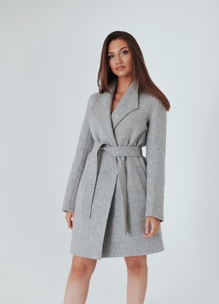 Medium-Length Light Gray Woolen Padded Coat with Belt1 photo