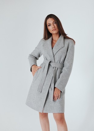 Medium-Length Light Gray Woolen Padded Coat with Belt2 photo