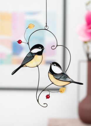 Couple of chickadees stained glass suncatcher