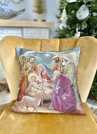 Christmas decorative tapestry pillowcase with gold lurex 45*45 cm. one-sided1 photo