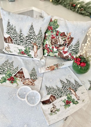 Christmas decorative tapestry pillowcase with silver lurex 45*45 cm. one-sided4 photo