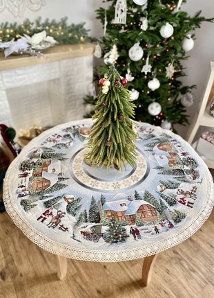 Christmas tapestry tablecloth for round table ø90 cm, with gold lurex round festive tablecloth