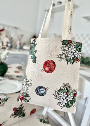 Christmas tapestry time shopping bag. Winter ornaments shoulder bag.