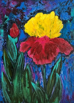Modern painting with yellow-red iris flower
