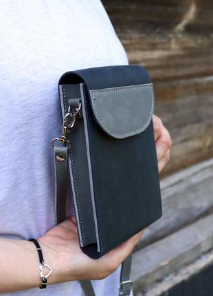 Minimalist leather shoulder bag for smartphone with card slots / 01018