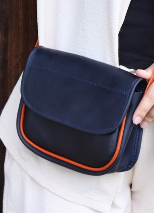 Leather Small Women's Half Round Shoulder Bag for Women/ Blue + Orange/ 10072 photo
