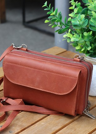 Leather crossbody bag-wallet for iphone 14 on shoulder strap for women / Brown - 010101 photo
