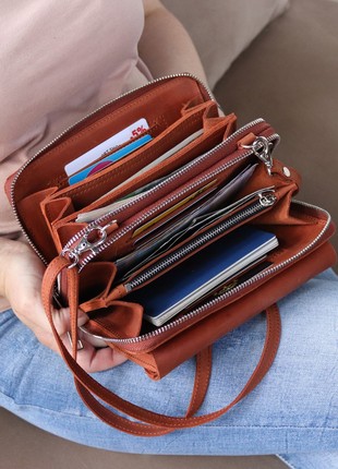 Leather crossbody bag-wallet for iphone 14 on shoulder strap for women / Brown - 010103 photo