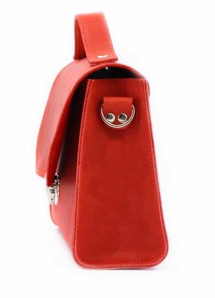 Womens leather shoulder bag with top handle on strap / Red - 010343 photo