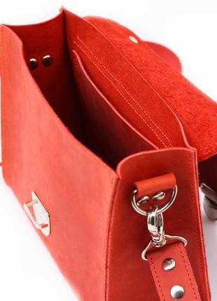 Womens leather shoulder bag with top handle on strap / Red - 010345 photo