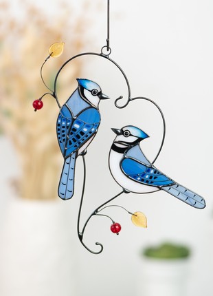 Blue jay stained glass window hangings