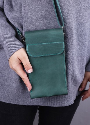 Small leather phone bag with card slots on shoulder strap / Aqua - 01036