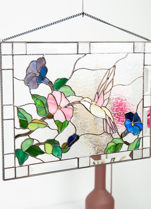 Hummingbird stained glass window panel