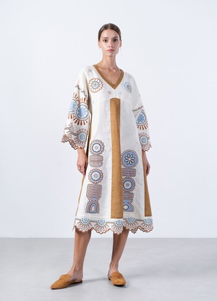 Linen midi-dress in milk color with applique Gloria