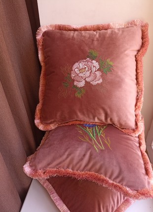Pillow velvet with peonies embroidery MR Pillow6 photo