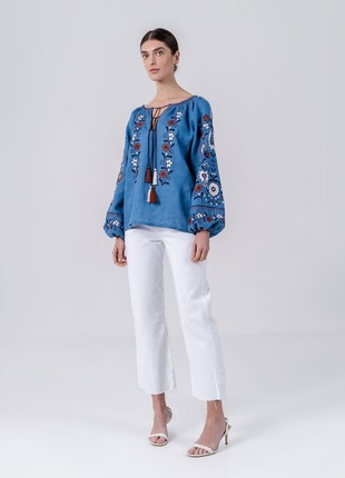 Blue embroidered shirt with floral ornament Fialka1 photo