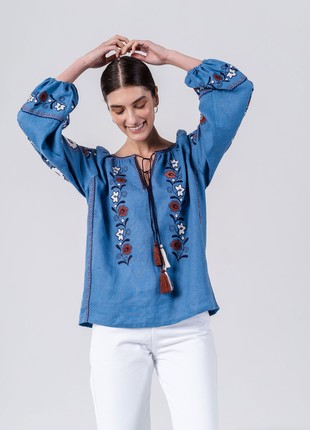 Blue embroidered shirt with floral ornament Fialka6 photo