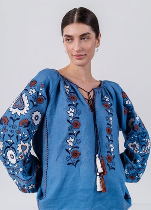 Blue embroidered shirt with floral ornament Fialka3 photo