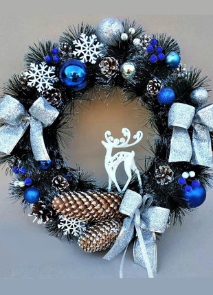 New Year's Christmas wreath 40 cm. Vela Handmade with natural holiday decor in branded packaging for gift by Designer "Deer" Blue