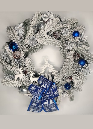 New Year's Christmas wreath 40 cm. Vela Handmade with natural holiday decor in branded packaging for gift by Designer "Snowy" Blue