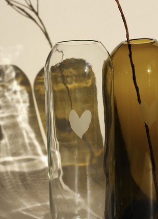 Upcycled transparent  wine bottle vase with matte heart, eco friendly home decor, glass vase, matte vase, minimalist vase4 photo