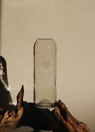 Upcycled transparent  wine bottle vase with matte heart, eco friendly home decor, glass vase, matte vase, minimalist vase