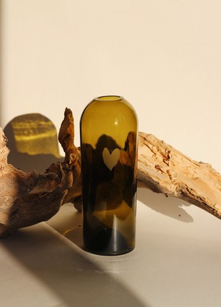 Upcycled brown wine bottle vase with matte heart, eco friendly home decor, glass vase, matte vase, minimalist vase