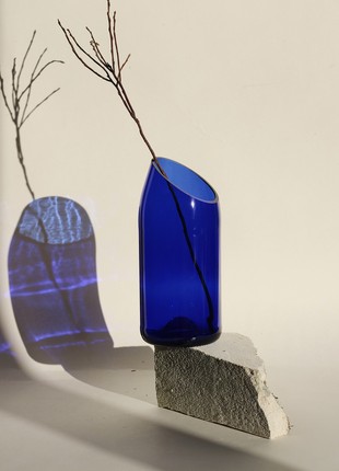 Upcycled blue wine bottle vase with oblique cut, eco friendly home decor, glass vase, matte vase, minimalist vase1 photo
