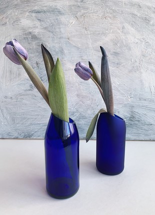 Upcycled blue wine bottle vase with oblique cut, eco friendly home decor, glass vase, matte vase, minimalist vase2 photo