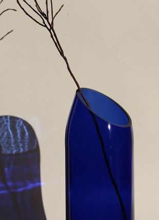 Upcycled blue wine bottle vase with oblique cut, eco friendly home decor, glass vase, matte vase, minimalist vase3 photo