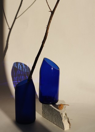 Upcycled blue wine bottle vase with oblique cut, eco friendly home decor, glass vase, matte vase, minimalist vase5 photo