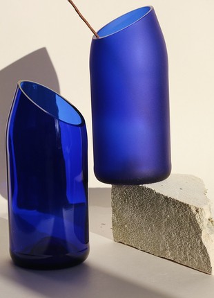 Upcycled blue wine bottle matte vase with oblique cut, eco friendly home decor, glass vase, matte vase, minimalist vase2 photo