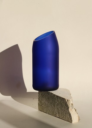 Upcycled blue wine bottle matte vase with oblique cut, eco friendly home decor, glass vase, matte vase, minimalist vase4 photo