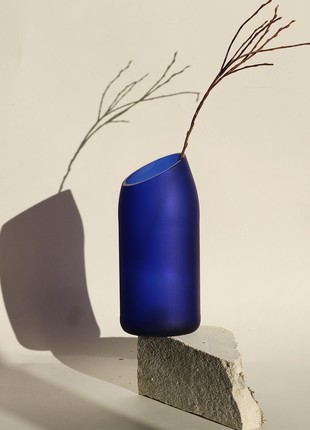 Upcycled blue wine bottle matte vase with oblique cut, eco friendly home decor, glass vase, matte vase, minimalist vase