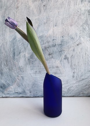 Upcycled blue wine bottle matte vase with oblique cut, eco friendly home decor, glass vase, matte vase, minimalist vase3 photo
