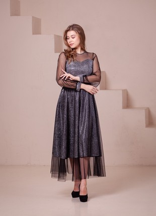 Shiny elegant silver black dress with long sleeves2 photo