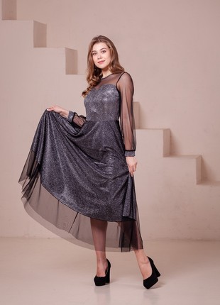 Shiny elegant silver black dress with long sleeves3 photo