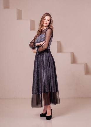 Shiny elegant silver black dress with long sleeves4 photo