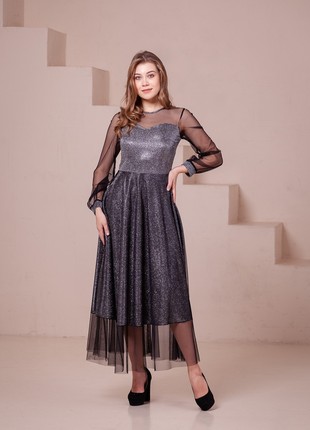 Shiny elegant silver black dress with long sleeves5 photo