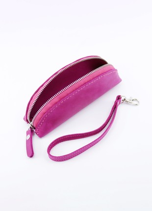Women's Leather Half Round Glasses/ Sunglasses Case with Zipper and Hand Strap/ Pink/ 040058 photo