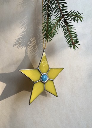 Yellow stained glass star, Suncatcher, Christmas decor, Gift Tree Ornaments, Moravian star3 photo