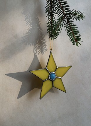 Yellow stained glass star, Suncatcher, Christmas decor, Gift Tree Ornaments, Moravian star4 photo