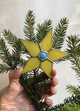 Yellow stained glass star, Suncatcher, Christmas decor, Gift Tree Ornaments, Moravian star5 photo