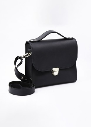 Small minimalist handmade women's briefcase/bag with top handle and shoulder strap/ Black/ 01034