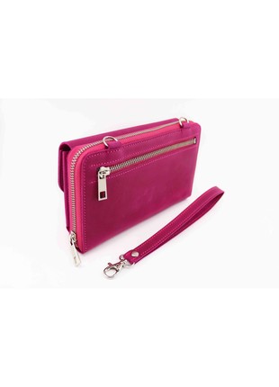 Womens crossbody leather bag-wallet with pocket for cell phone/ Pink - 010112 photo