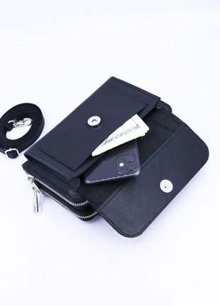 Leather women's shoulder bag / wallet for smartphone with zippered compartments / Black - 10293 photo