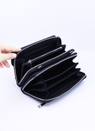 Leather women's shoulder bag / wallet for smartphone with zippered compartments / Black - 10294 photo